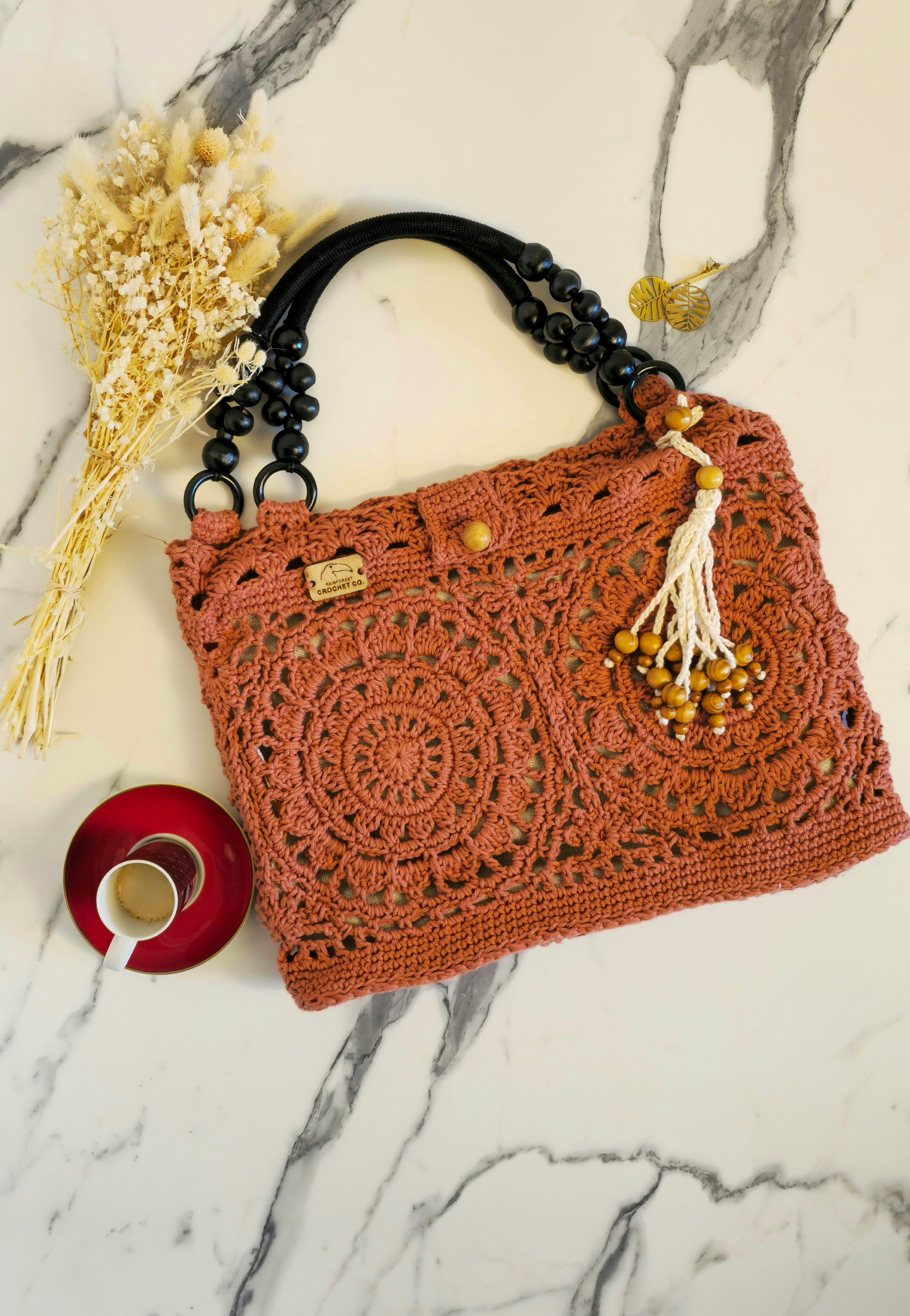 Borsa Crochet in Cotone "Gal" - Pattern Rosone Unico - Lino & Cotone - Borsa a Mano con Fodera a Contrasto e Charm Tassel Maya