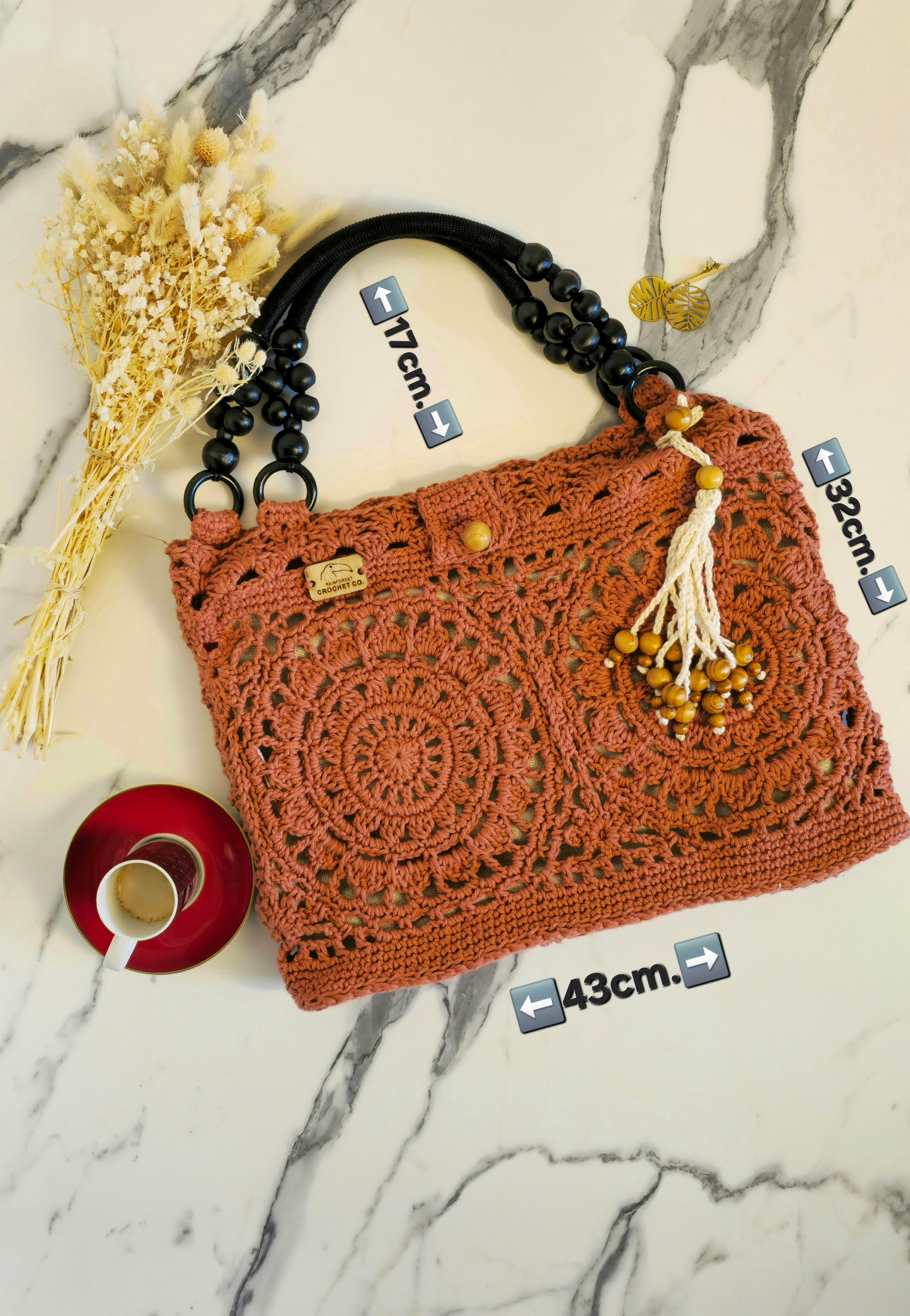 Borsa Crochet in Cotone "Gal" - Pattern Rosone Unico - Lino & Cotone - Borsa a Mano con Fodera a Contrasto e Charm Tassel Maya