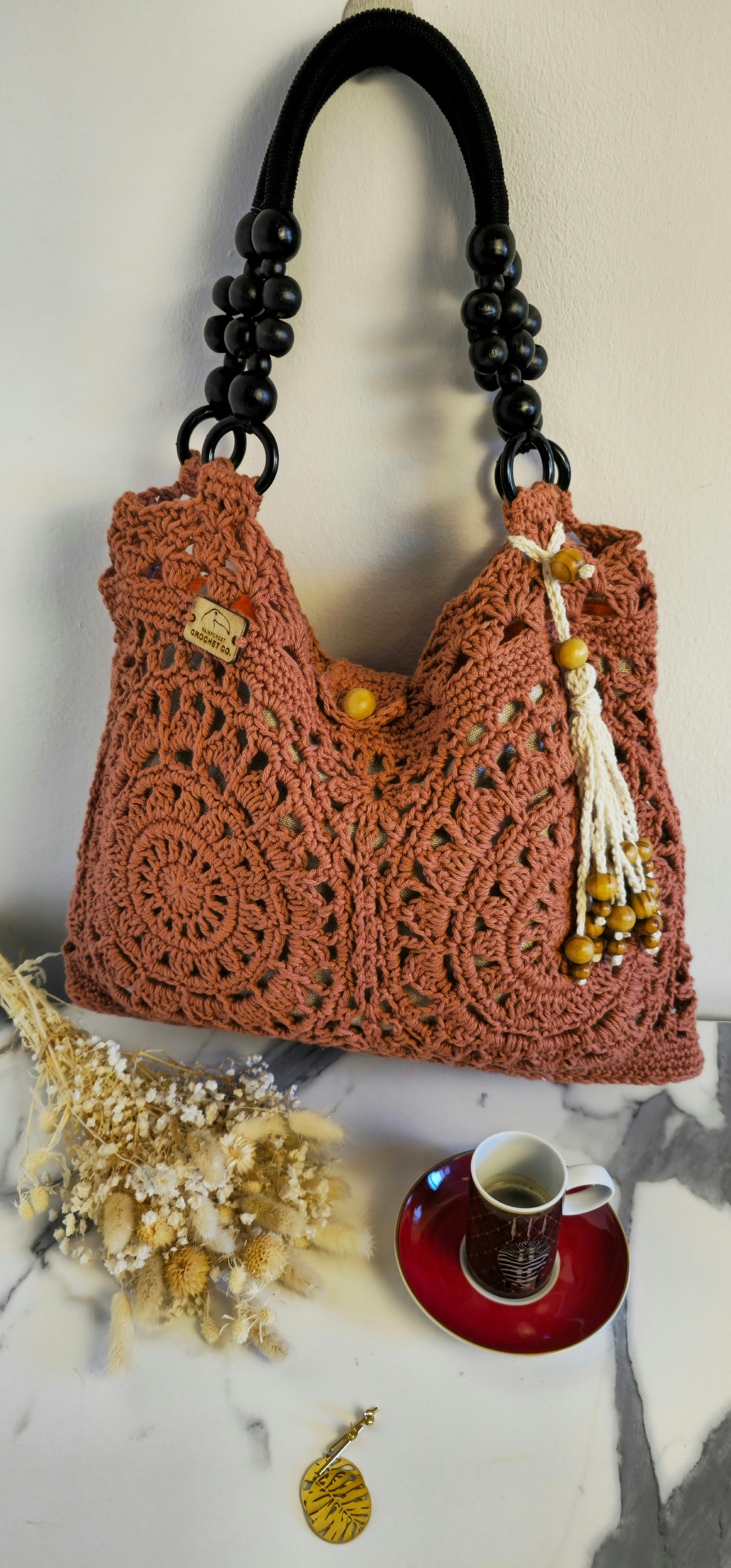 Borsa Crochet in Cotone "Gal" - Pattern Rosone Unico - Lino & Cotone - Borsa a Mano con Fodera a Contrasto e Charm Tassel Maya