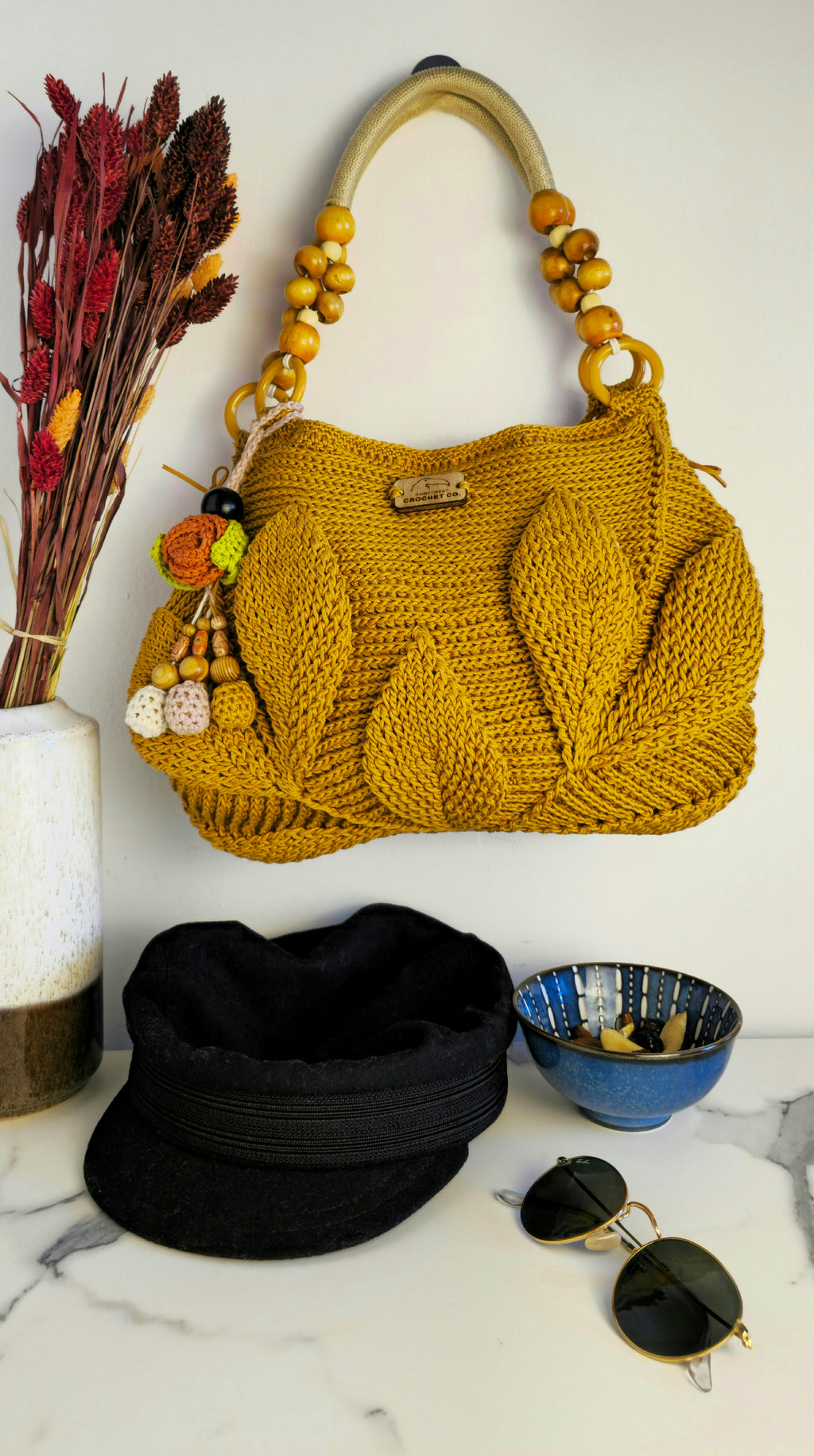 Borsa "Elis" Giallo Ocra in Cotone Egiziano, Lino e Pelle – Pezzo Unico con Charm Flora