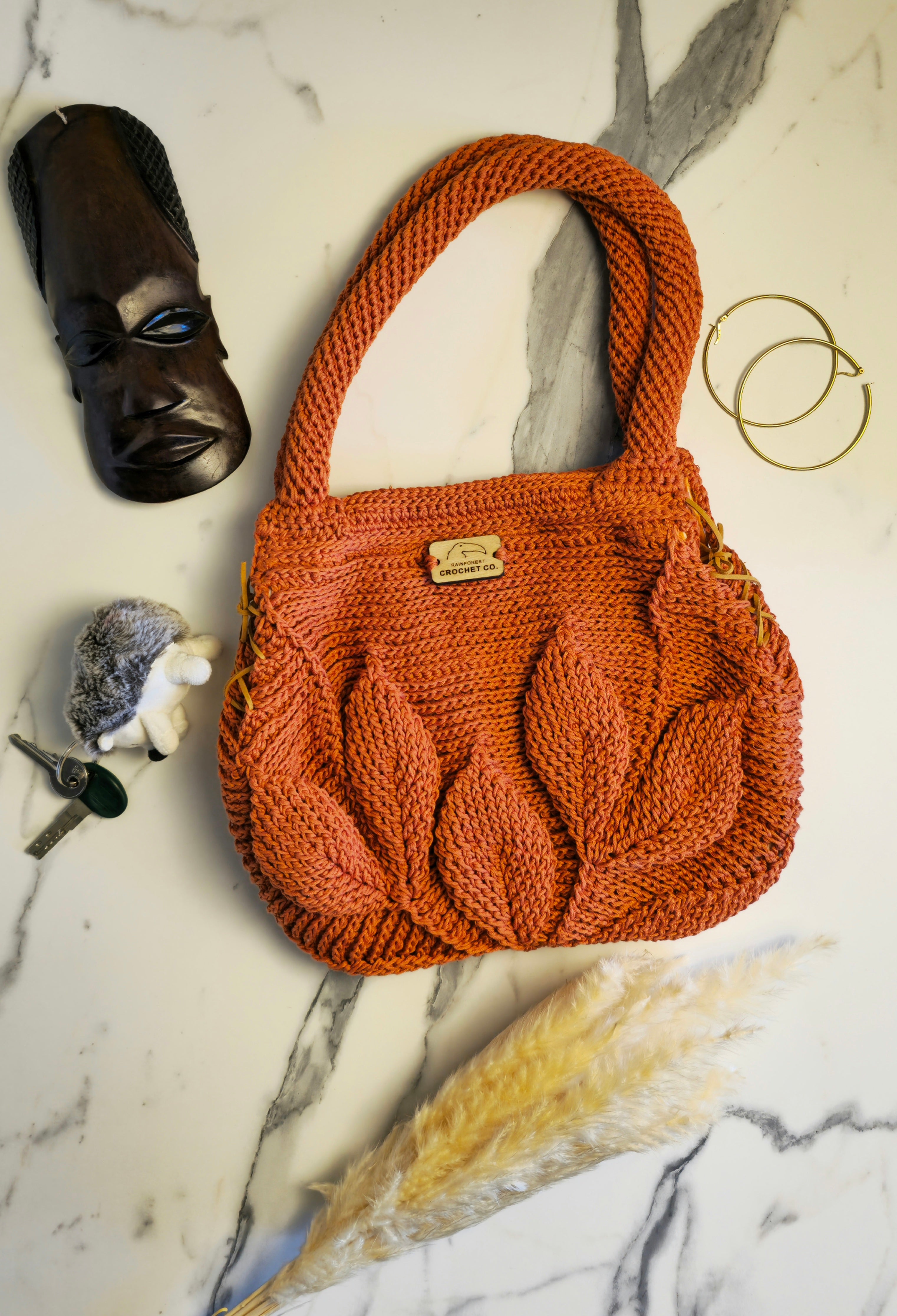 Borsa Crochet "Elis" Arancio Bruciato - Cotone Egiziano e Lino - Manici Morbidi in Crochet - Borsa Pezzo Unico