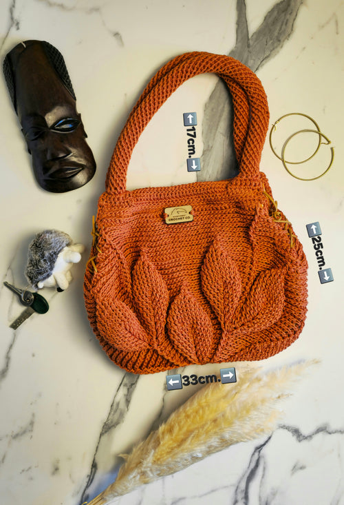 Borsa Crochet "Elis" Arancio Bruciato - Cotone Egiziano e Lino - Manici Morbidi in Crochet - Borsa Pezzo Unico