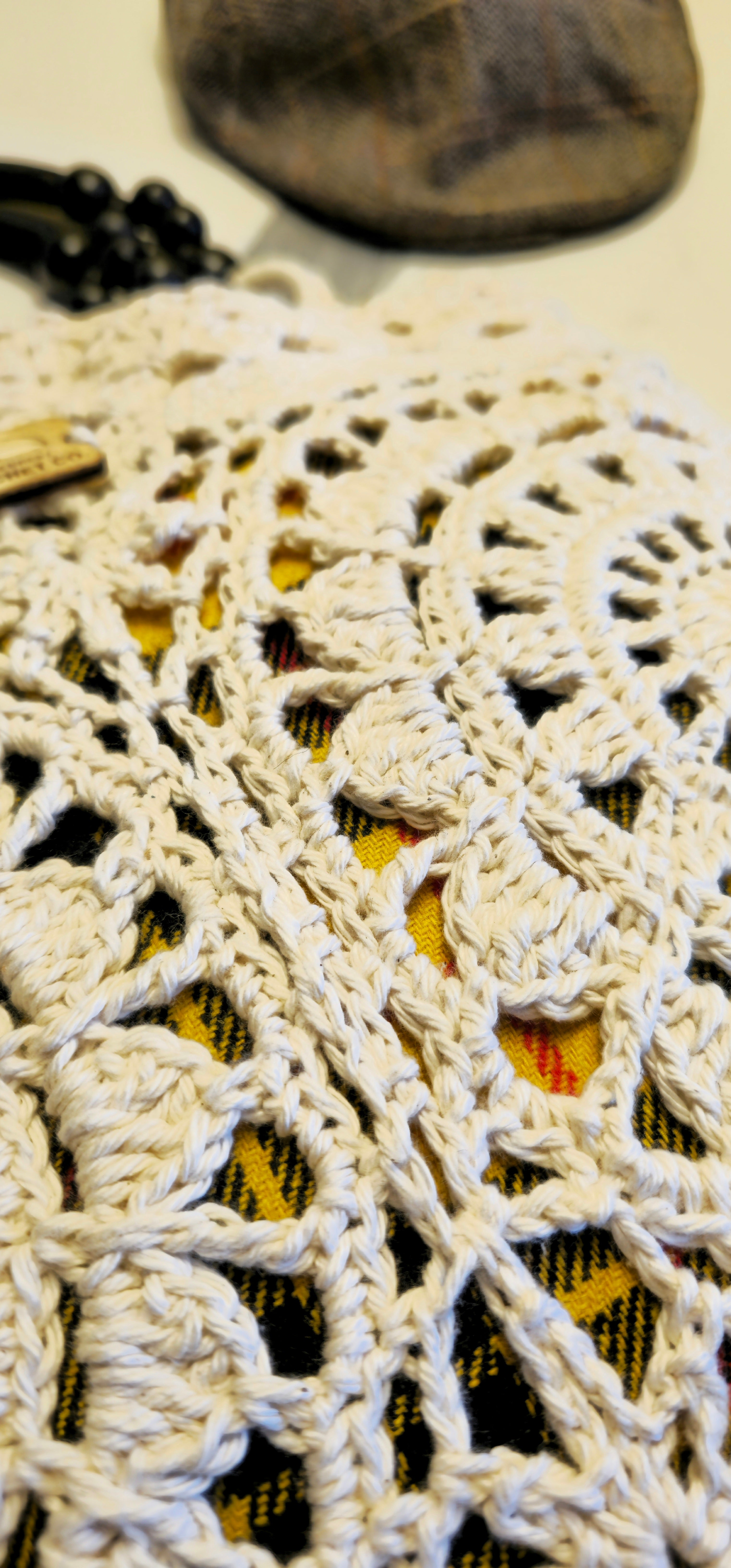 Borsa Crochet "Gal" Lusso Écru - Lana Shetland Tartan - Doppio Strato Fodera - Borsa Rosone Invernale Pezzo Unico