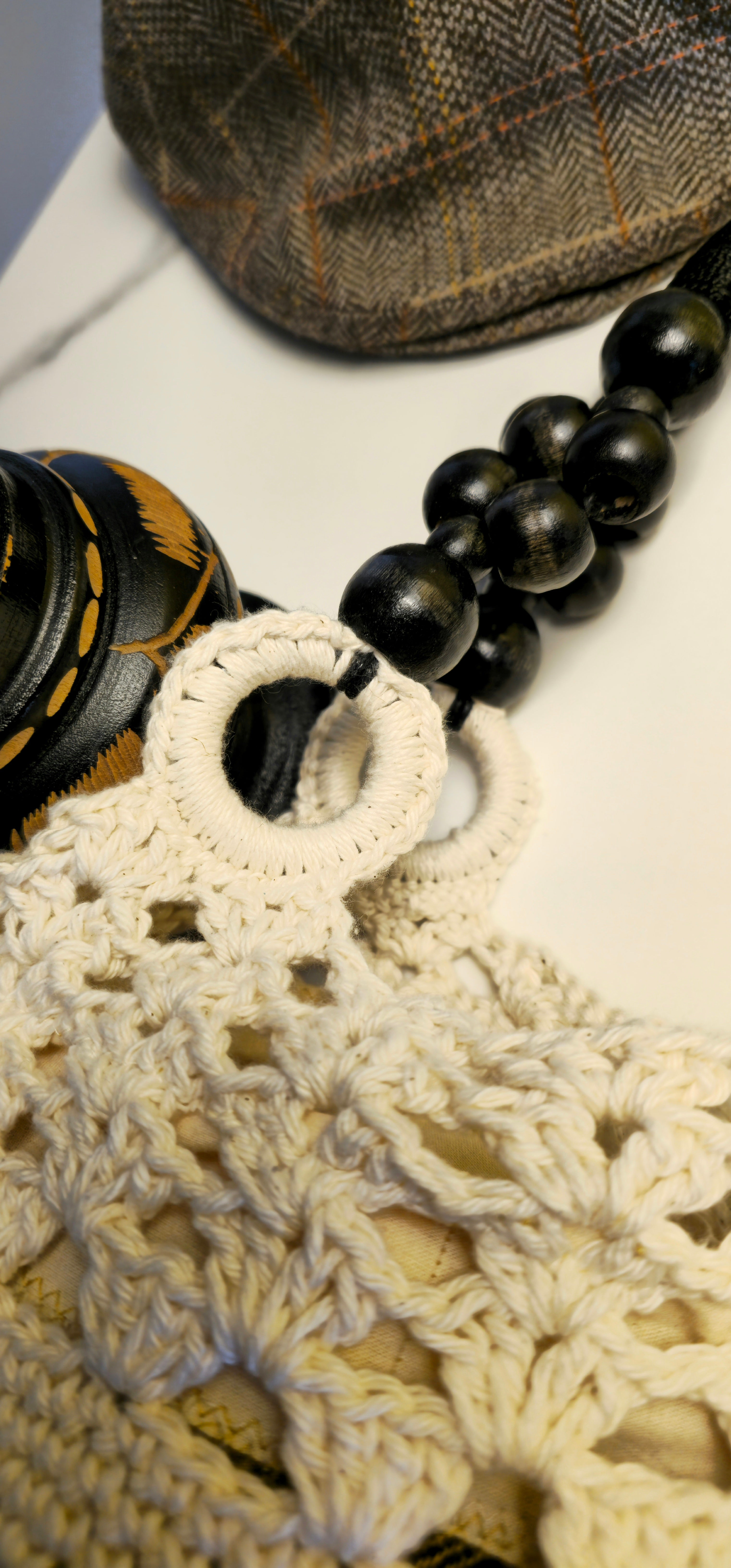 Borsa Crochet "Gal" Lusso Écru - Lana Shetland Tartan - Doppio Strato Fodera - Borsa Rosone Invernale Pezzo Unico