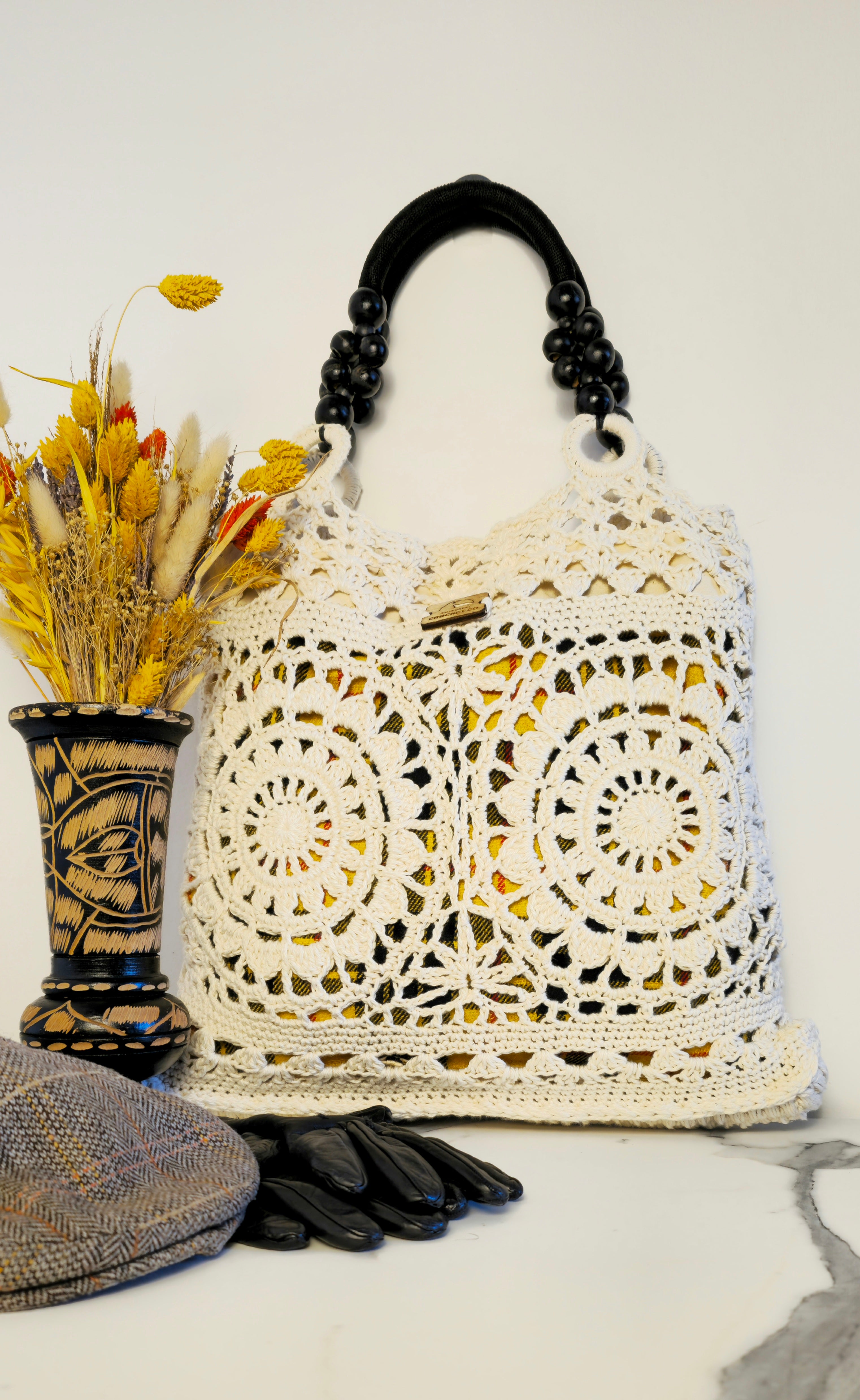 Borsa Crochet "Gal" Lusso Écru - Lana Shetland Tartan - Doppio Strato Fodera - Borsa Rosone Invernale Pezzo Unico