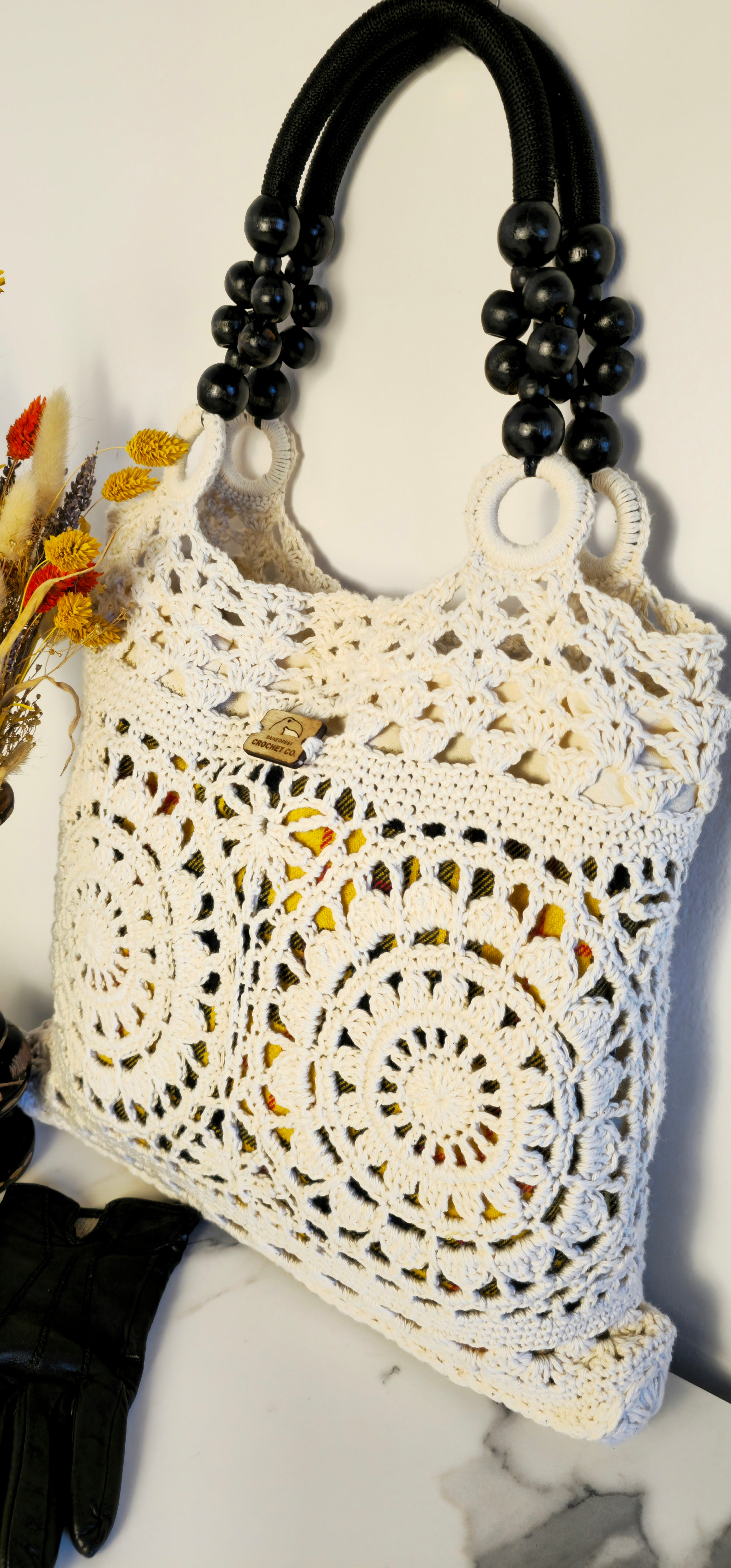 Borsa Crochet "Gal" Lusso Écru - Lana Shetland Tartan - Doppio Strato Fodera - Borsa Rosone Invernale Pezzo Unico